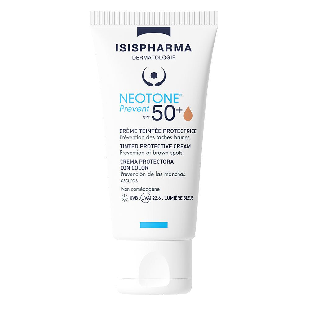 Tube blanc ISISPHARMA Neotone Prevent SPF50+. Crème protectrice contre les taches brunes. Accents bleus.