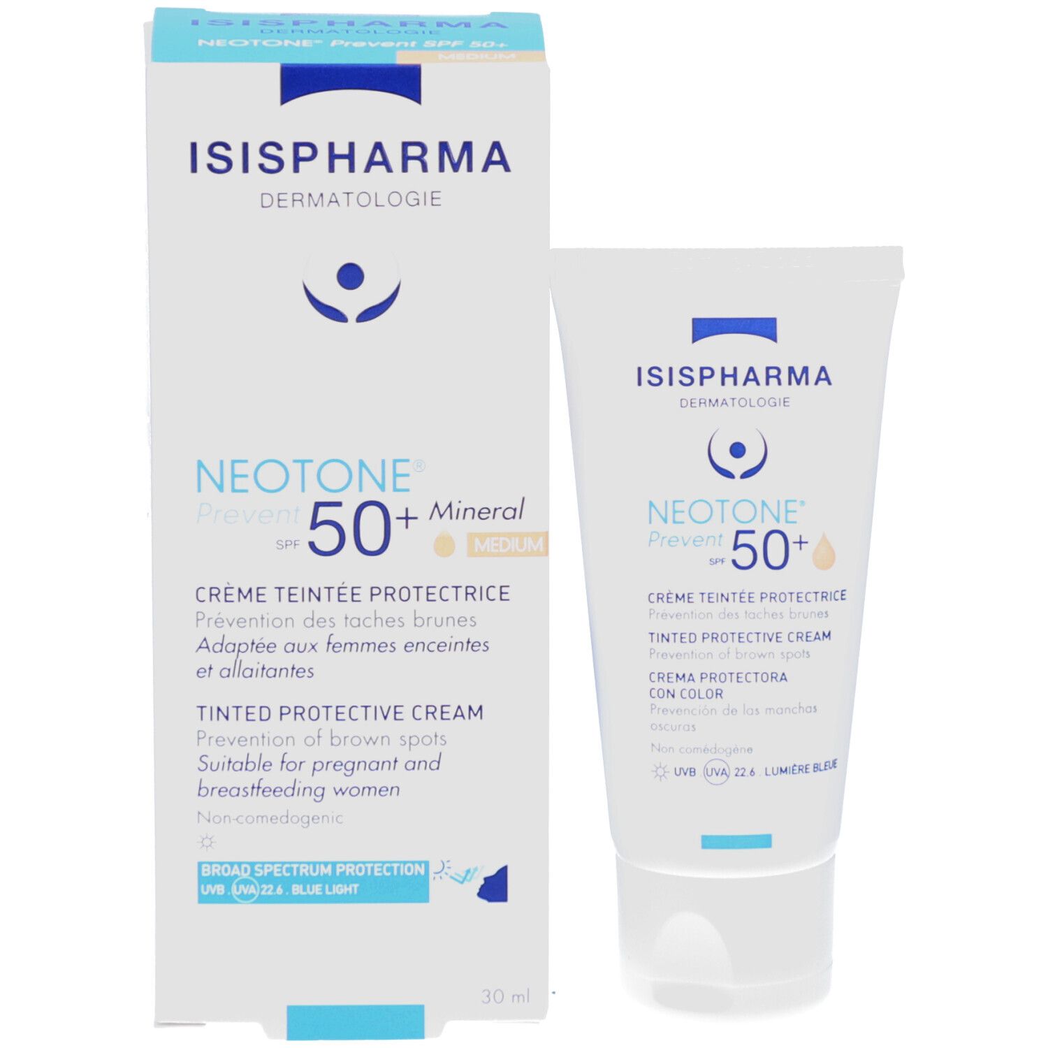 Emballage produit. ISISPHARMA Neotone Prevent SPF50+ Mineral. Crème contre les taches brunes. 30 ml.