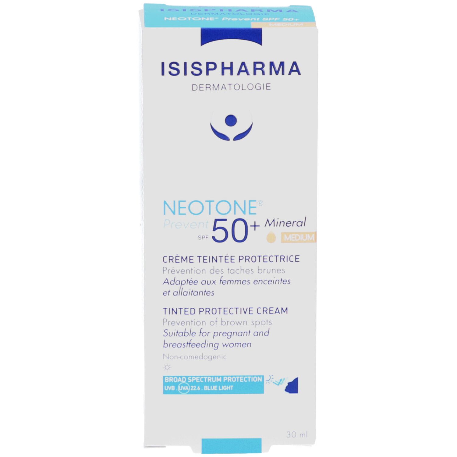 Emballage produit. Dos avec texte. ISISPHARMA Neotone Prevent SPF50+ Mineral. Ingrédients.