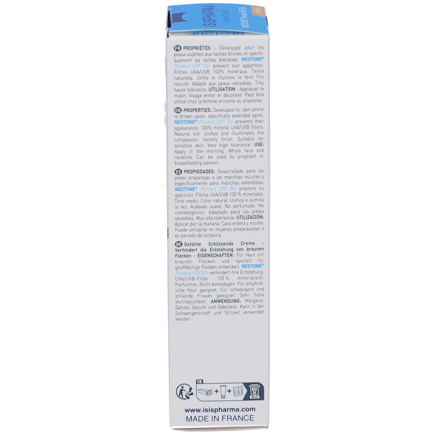 Emballage produit. ISISPHARMA Neotone Prevent SPF50+ Mineral. Crème contre les taches brunes. 30 ml.
