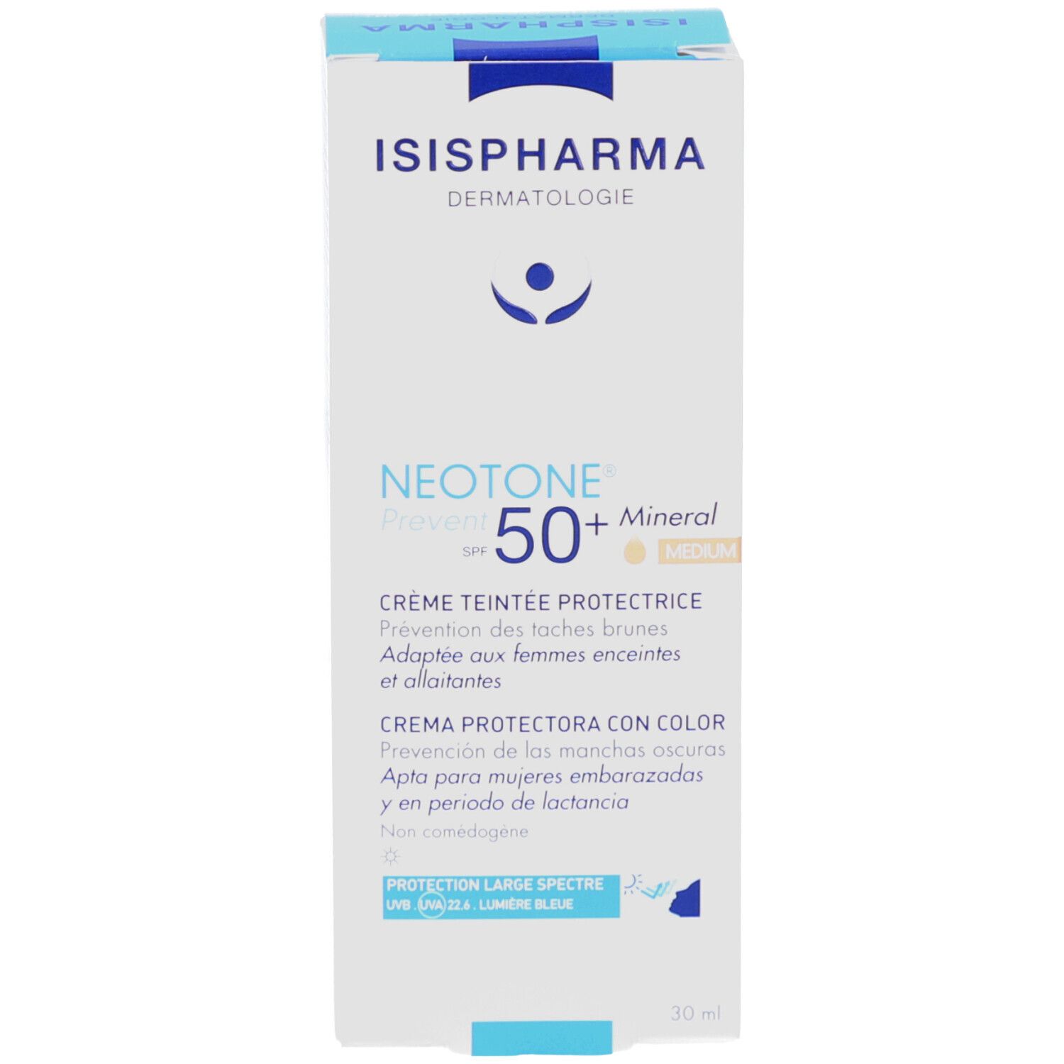 Emballage produit. Dos avec texte. ISISPHARMA Neotone Prevent SPF50+ Mineral. Code QR.