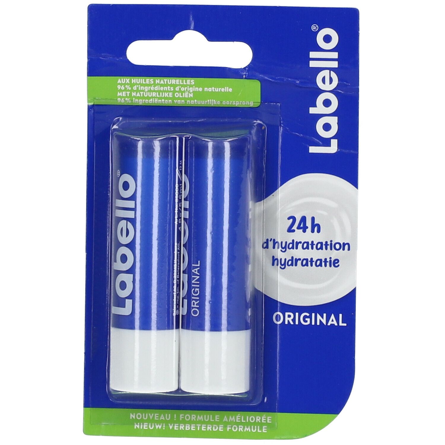 Deux sticks de soin pour les lèvres bleus. Emballage avec le logo et l'inscription "Original".