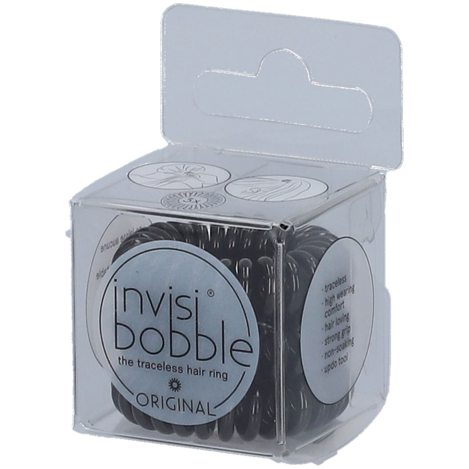 Élastiques à cheveux noirs dans une boîte transparente. L'emballage porte les mentions "invisibobble" et "ORIGINAL".