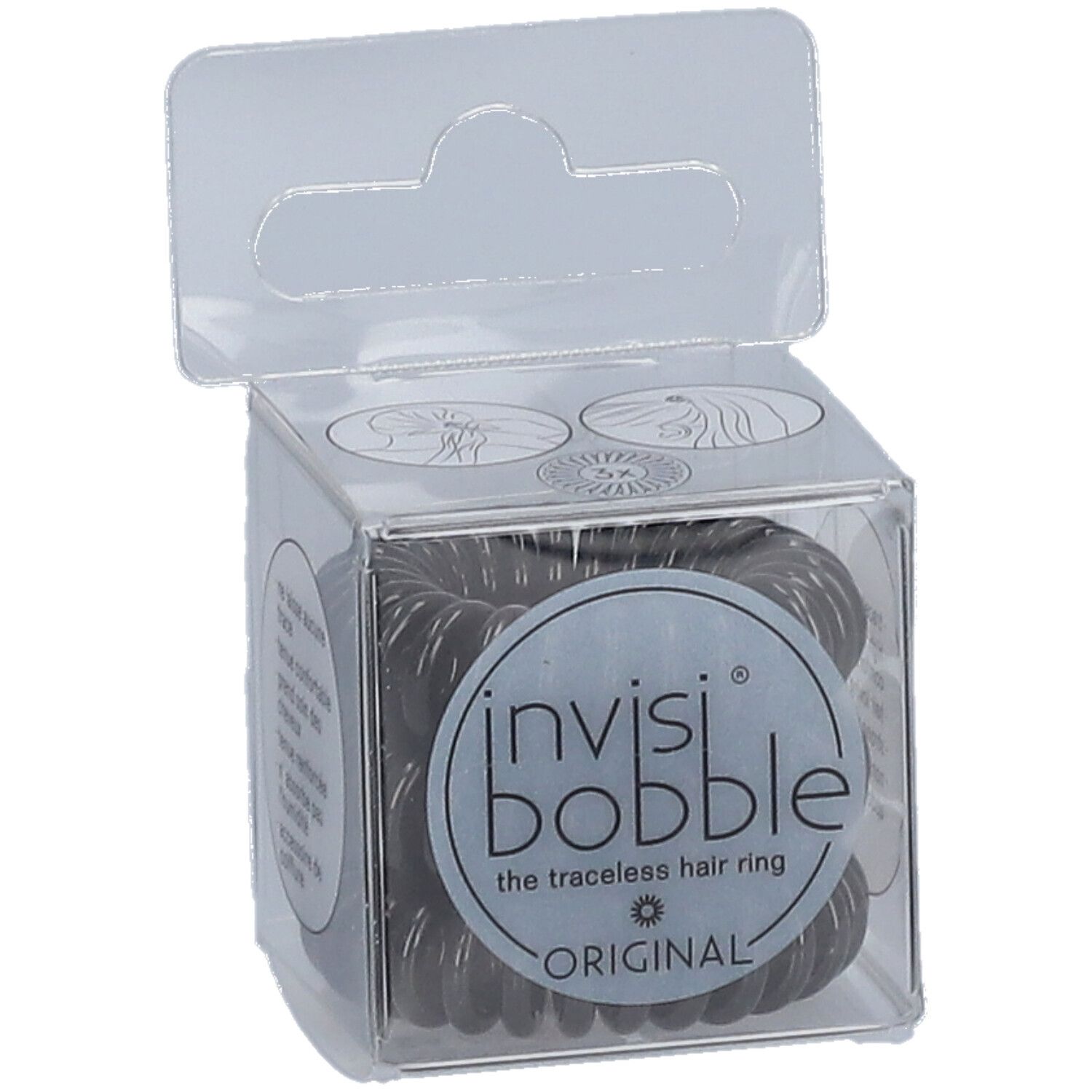Élastiques à cheveux noirs dans une boîte transparente. L'emballage porte les mentions "invisibobble" et "ORIGINAL".