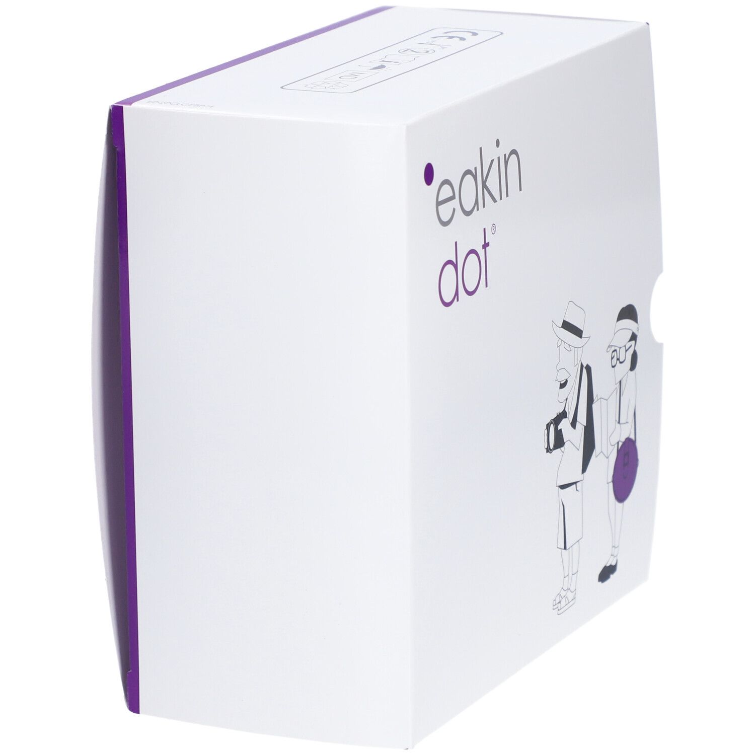 Boîte blanche avec côtés violets.  "eakin dot" et illustration de touristes sur le côté.