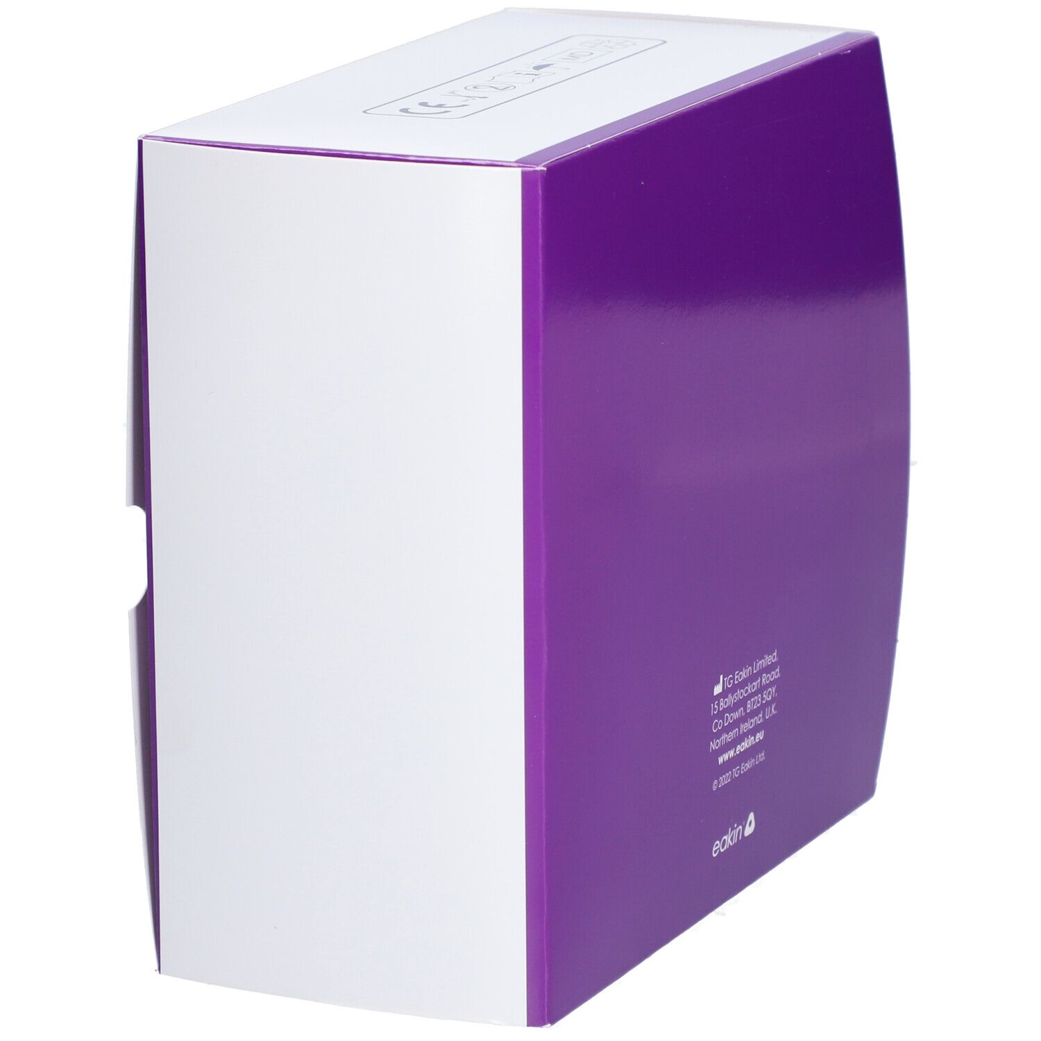 Boîte blanche avec dos violet. Texte: TG Eakin Limited, adresse, site web et informations de copyright.