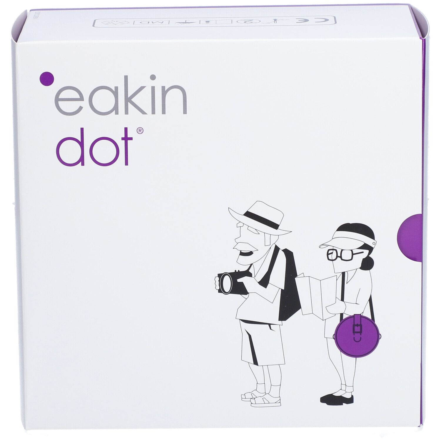 Boîte blanche avec accents violets.  "eakin dot" et illustration de touristes sur le devant.
