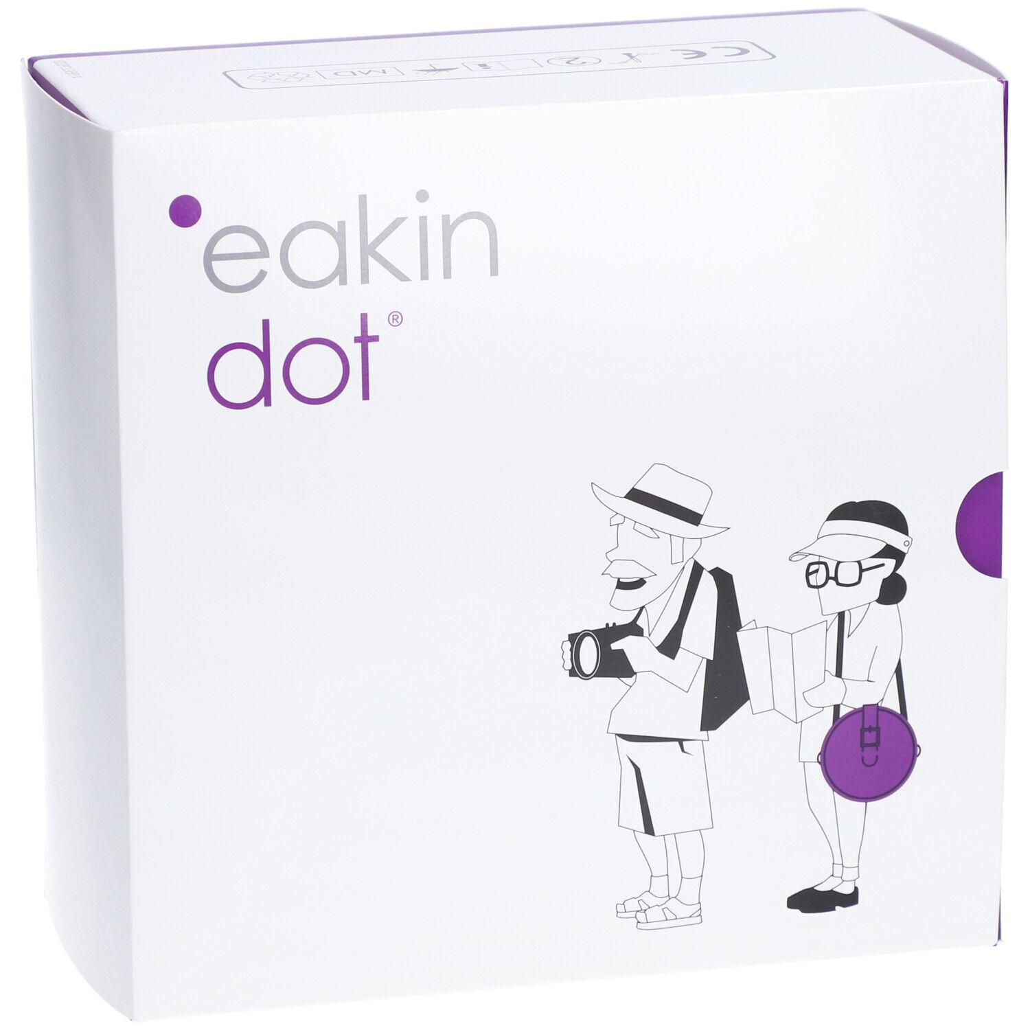 Boîte blanche avec accents violets.  "eakin dot" et illustration de touristes sur le devant.