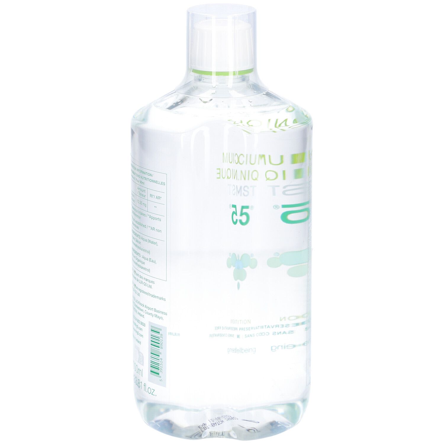 Bouteille transparente, étiquette verte. Inscription: Silicium Organique MMST G5. Nutrition. G5 Wellbeing. Dos avec texte.
