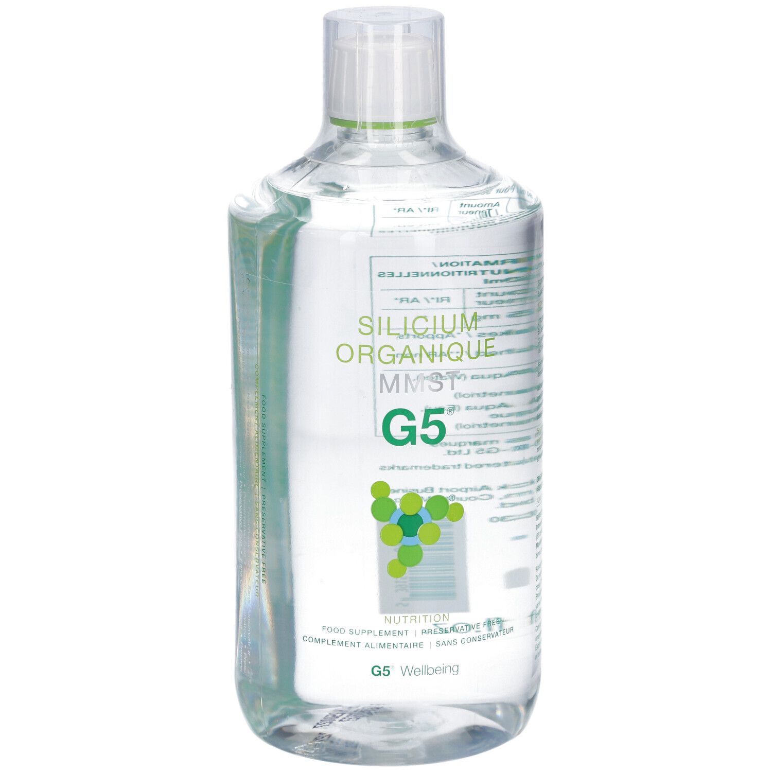 Bouteille transparente, étiquette verte. Inscription: Silicium Organique MMST G5. Nutrition. G5 Wellbeing. Dos avec texte.