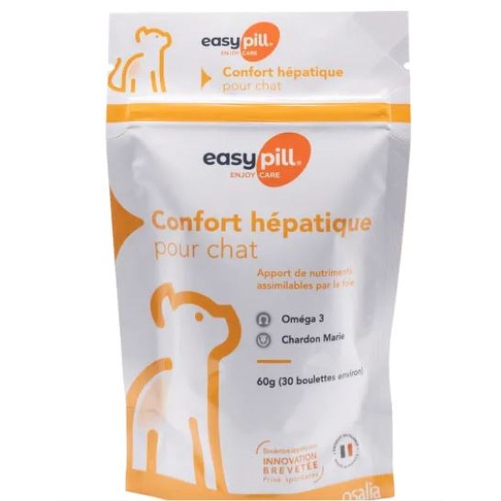Sachet de produit avec logo et nom. Texte: Confort hépatique pour chat, Oméga 3, Chardon Marie. Poids: 60g.