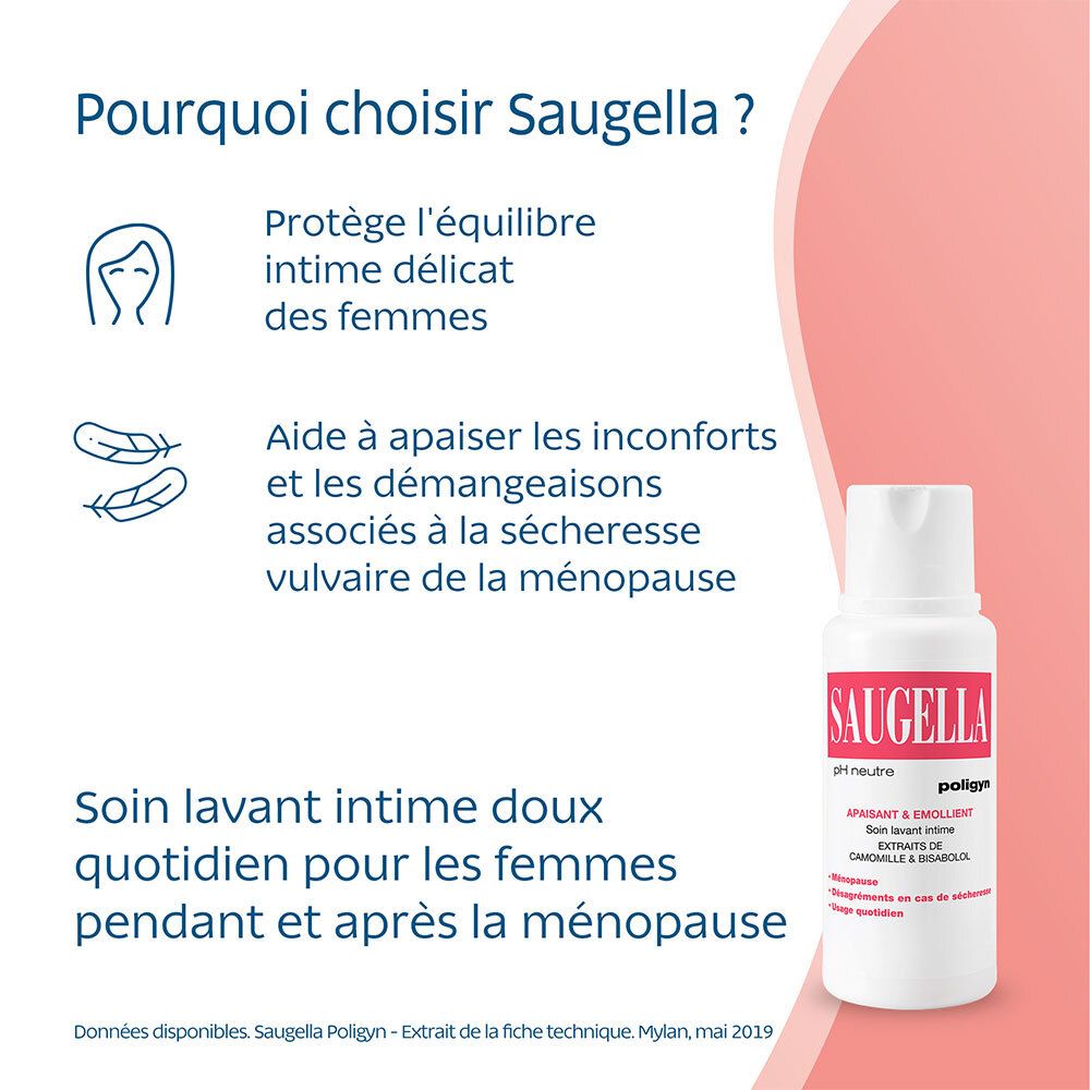 Saugella - Poligyn - Apaisant & Emollient Soin lavant intime - Femmes pendant et après la ménopause - Flacon 250 ml