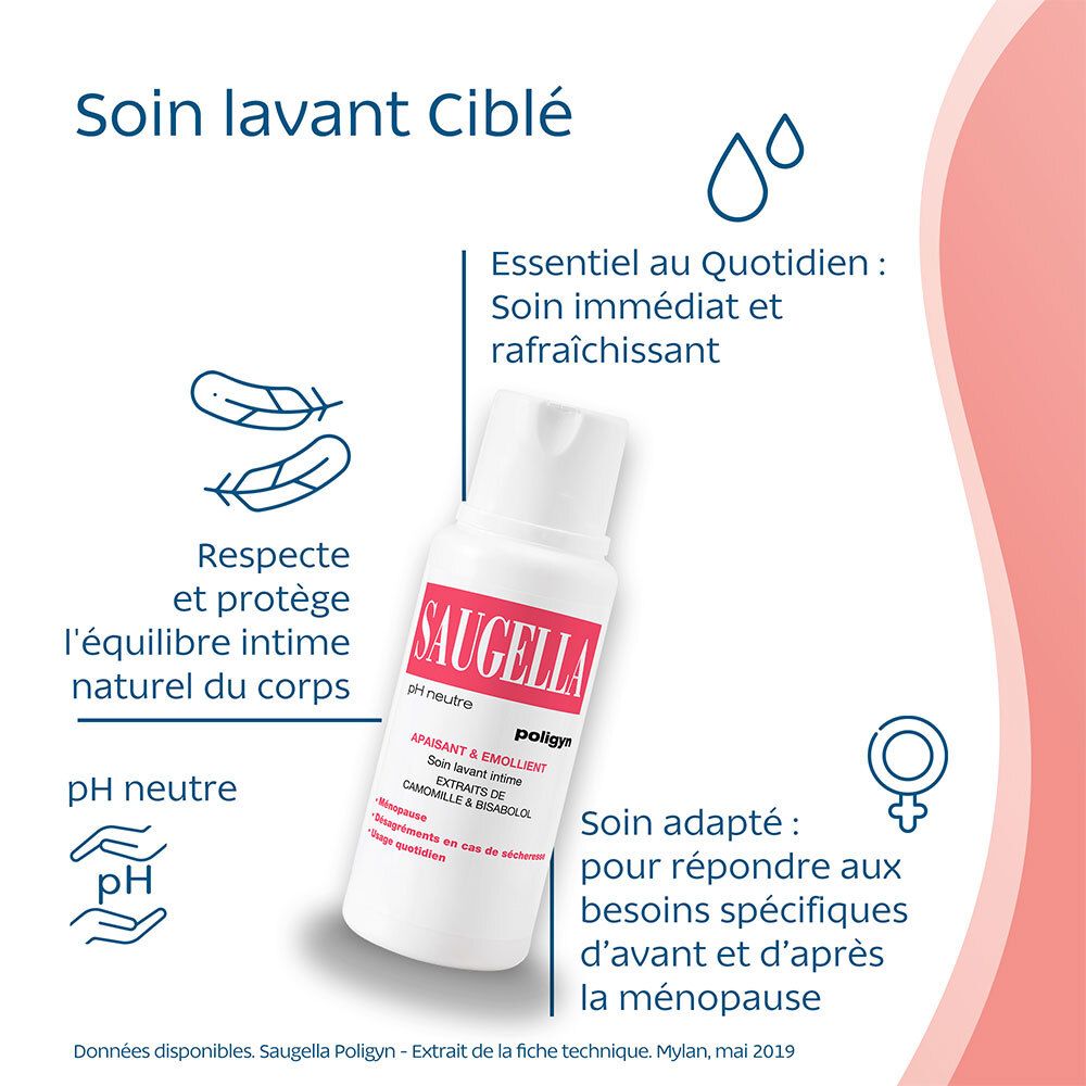 Saugella - Poligyn - Apaisant & Emollient Soin lavant intime - Femmes pendant et après la ménopause - Flacon 250 ml