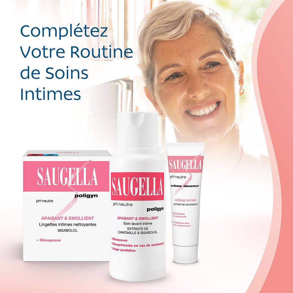 Saugella - Poligyn - Apaisant & Emollient Soin lavant intime - Femmes pendant et après la ménopause - Flacon 250 ml