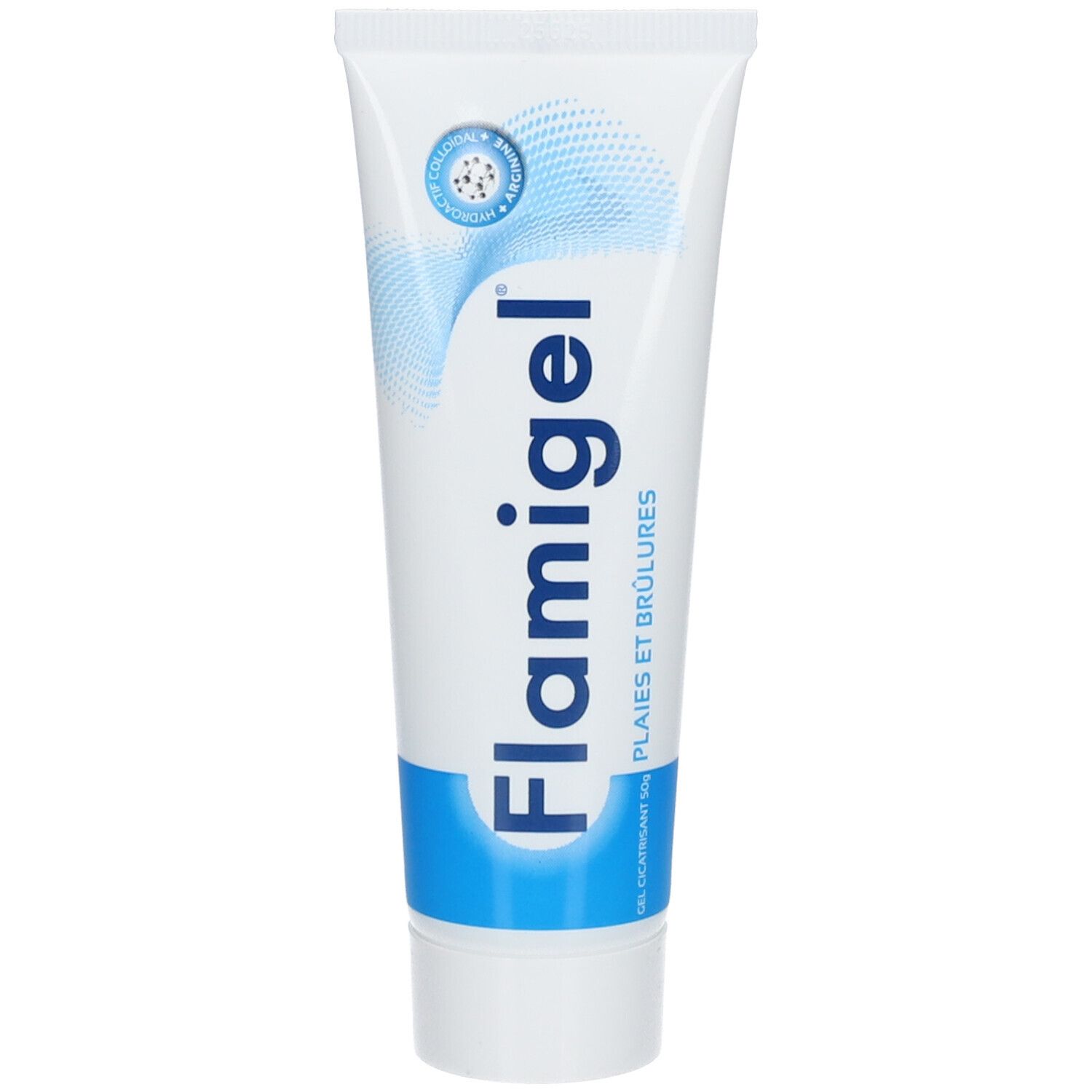 Tube blanche et bleue Flamigel. Texte : Plaies et brûlures. Gel. Certifications visibles.