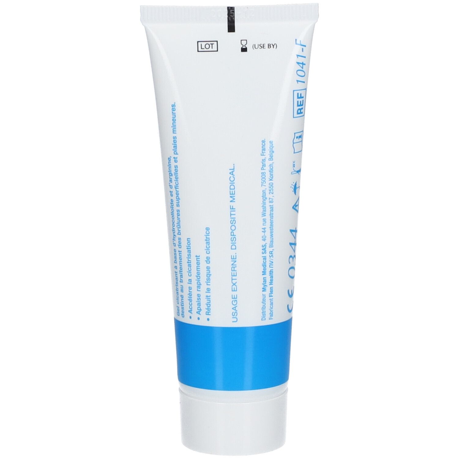 Dos du tube Flamigel. Texte : Mode d'emploi, ingrédients, informations fabricant. Fond bleu-blanc.