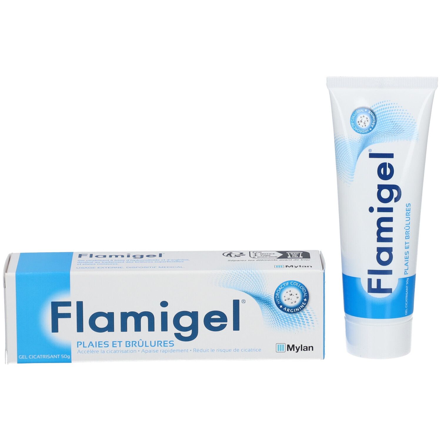 Tube et boîte Flamigel. Boîte avec nom du produit et texte : Plaies et brûlures. Gel. Logo Mylan.