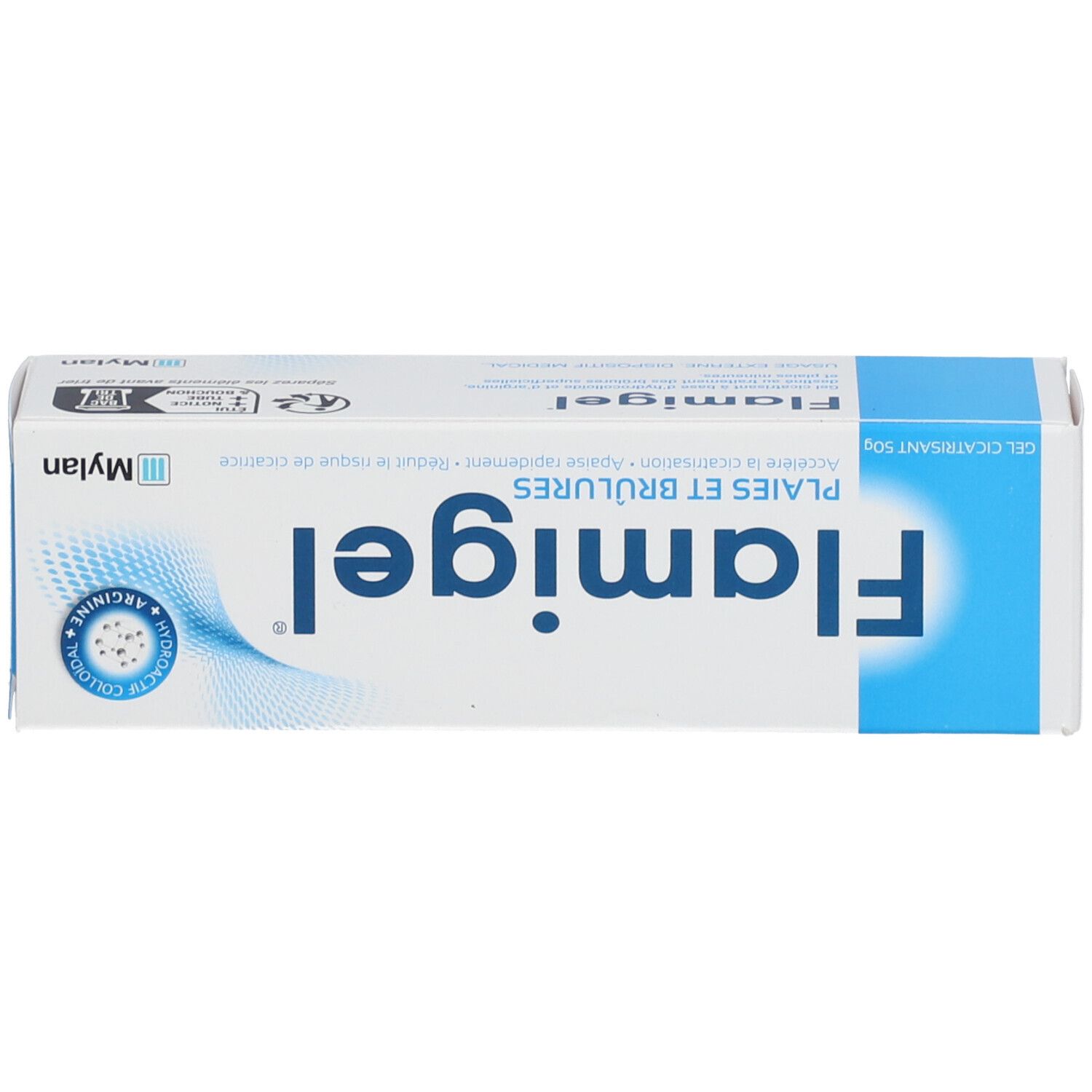 Dessus de la boîte Flamigel. Texte : Nom du produit, Plaies et brûlures. Gel. Logo Mylan. Couleurs bleu et blanc.