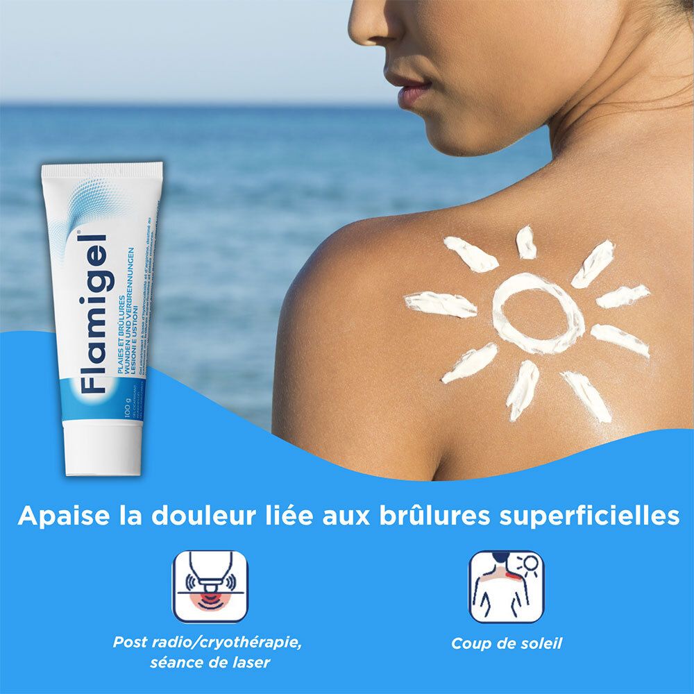 Femme avec coup de soleil. Tube de Flamigel à côté. Texte : Soulage la douleur des brûlures superficielles.
