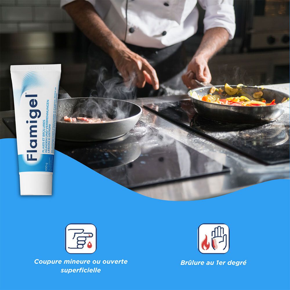 Chef en cuisine. Tube de Flamigel à côté. Texte : Coupures mineures ou superficielles, brûlures au 1er degré.
