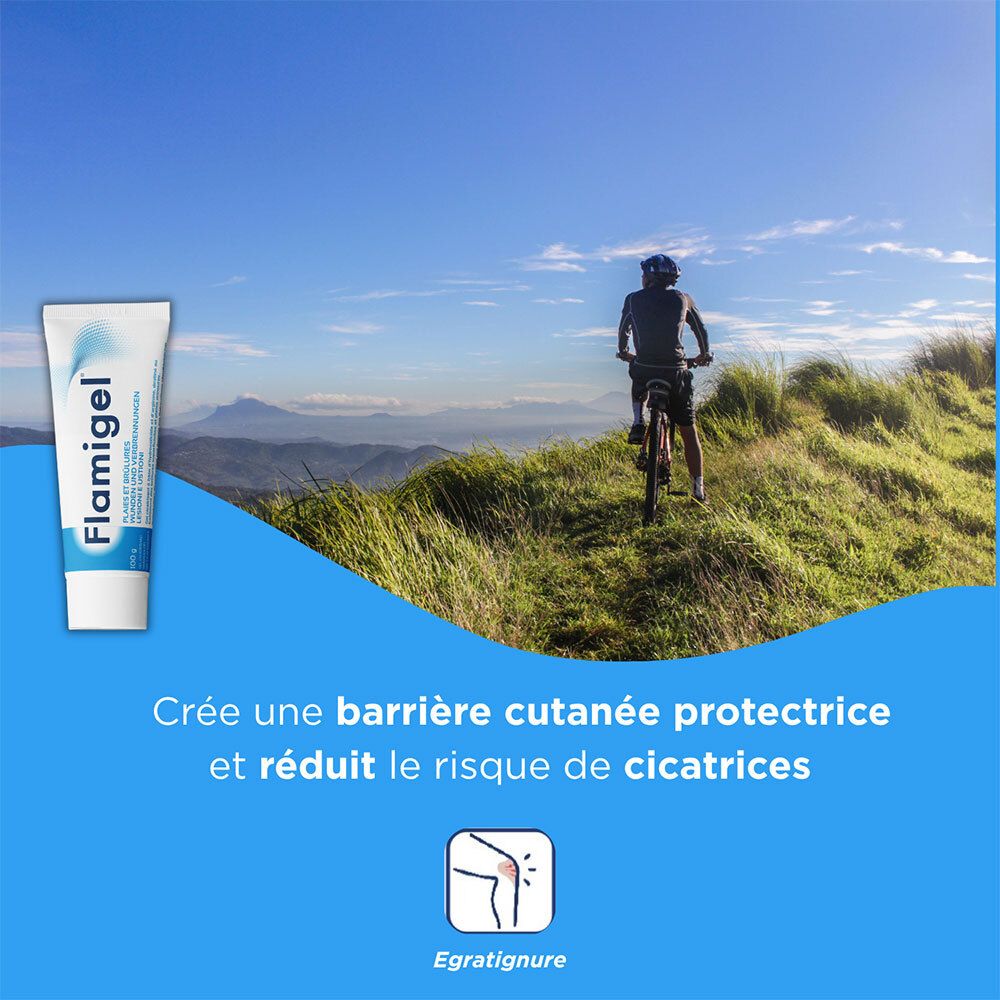Homme à vélo. Tube Flamigel. Texte : Crée une barrière cutanée protectrice et réduit le risque de cicatrices.