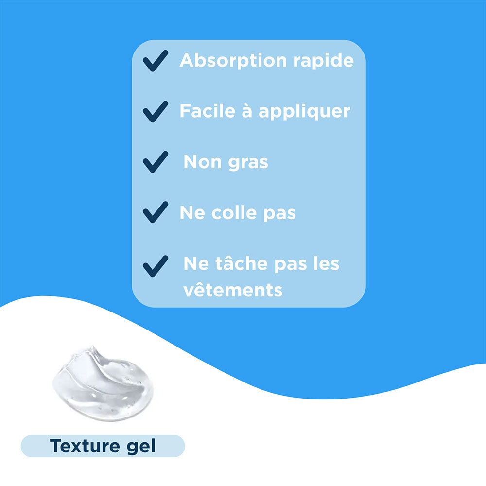 Texte : Absorption rapide, facile à appliquer, non gras, ne colle pas, ne tache pas. Texture gel.