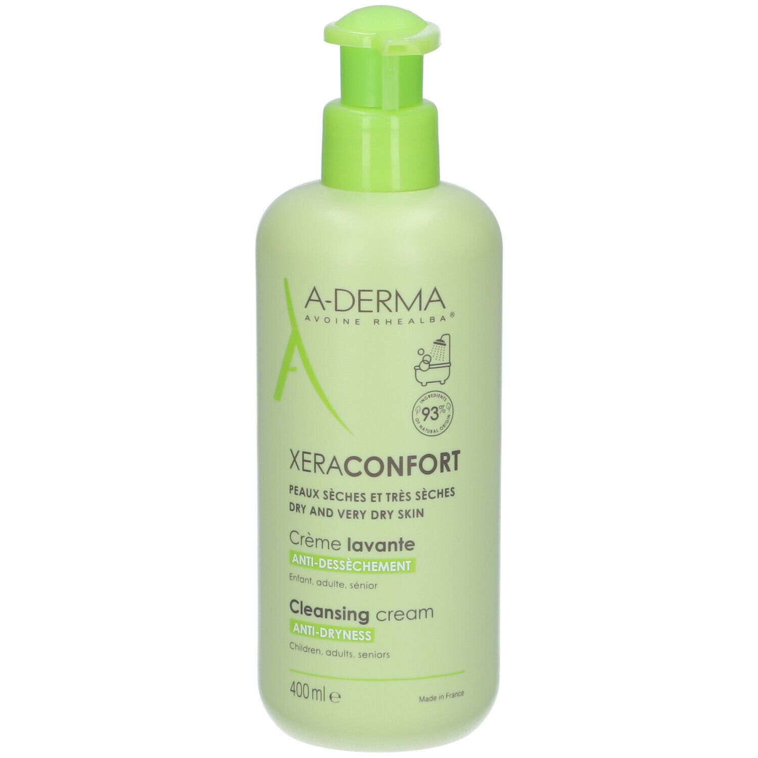 Flacon vert avec pompe. A-DERMA XERACONFORT Crème lavante anti-dessèchement. 400ml. Pour peaux sèches. 93% d'ingrédients naturels.