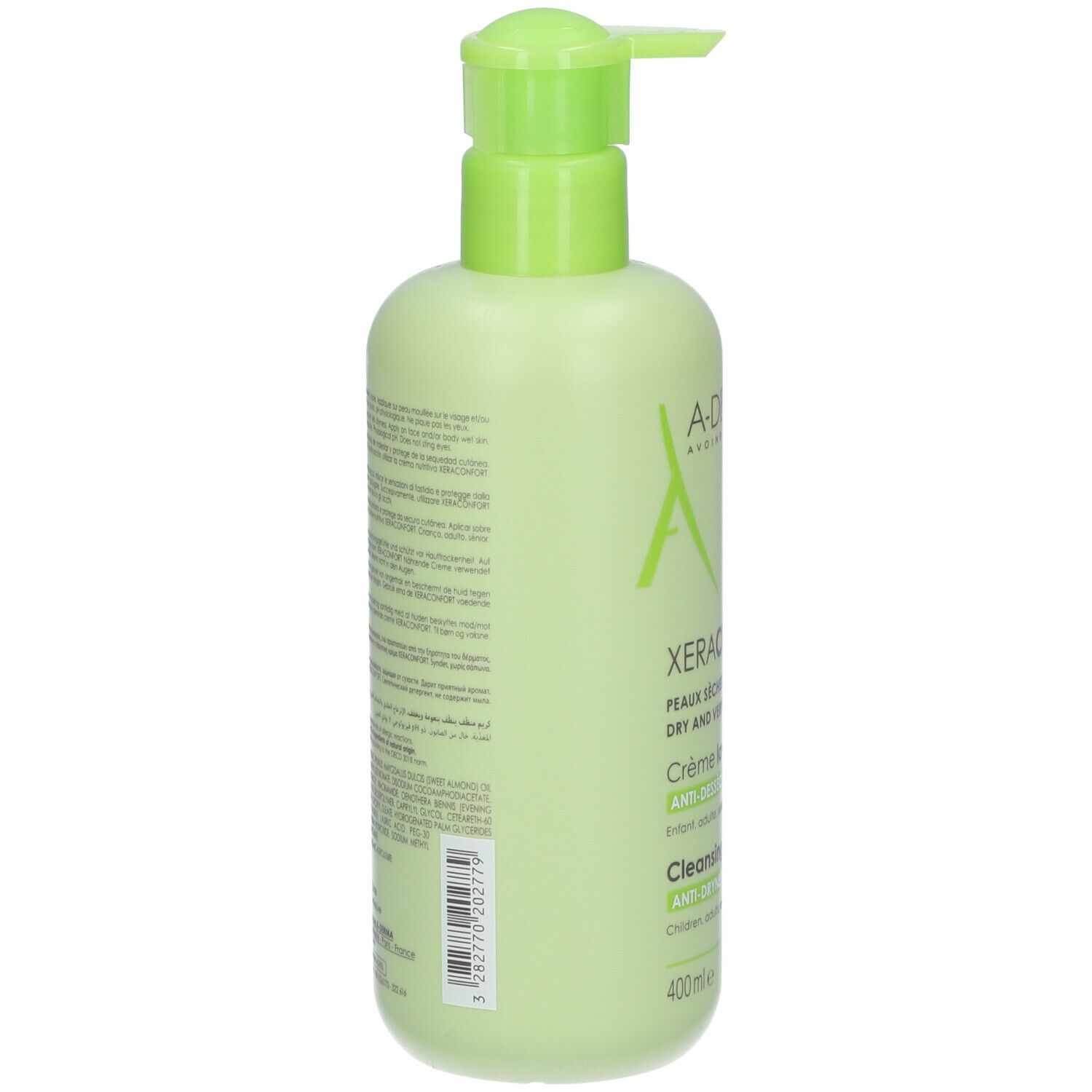 Dos du flacon vert. Texte avec ingrédients et informations. A-DERMA XERACONFORT Crème lavante anti-dessèchement. 400ml.