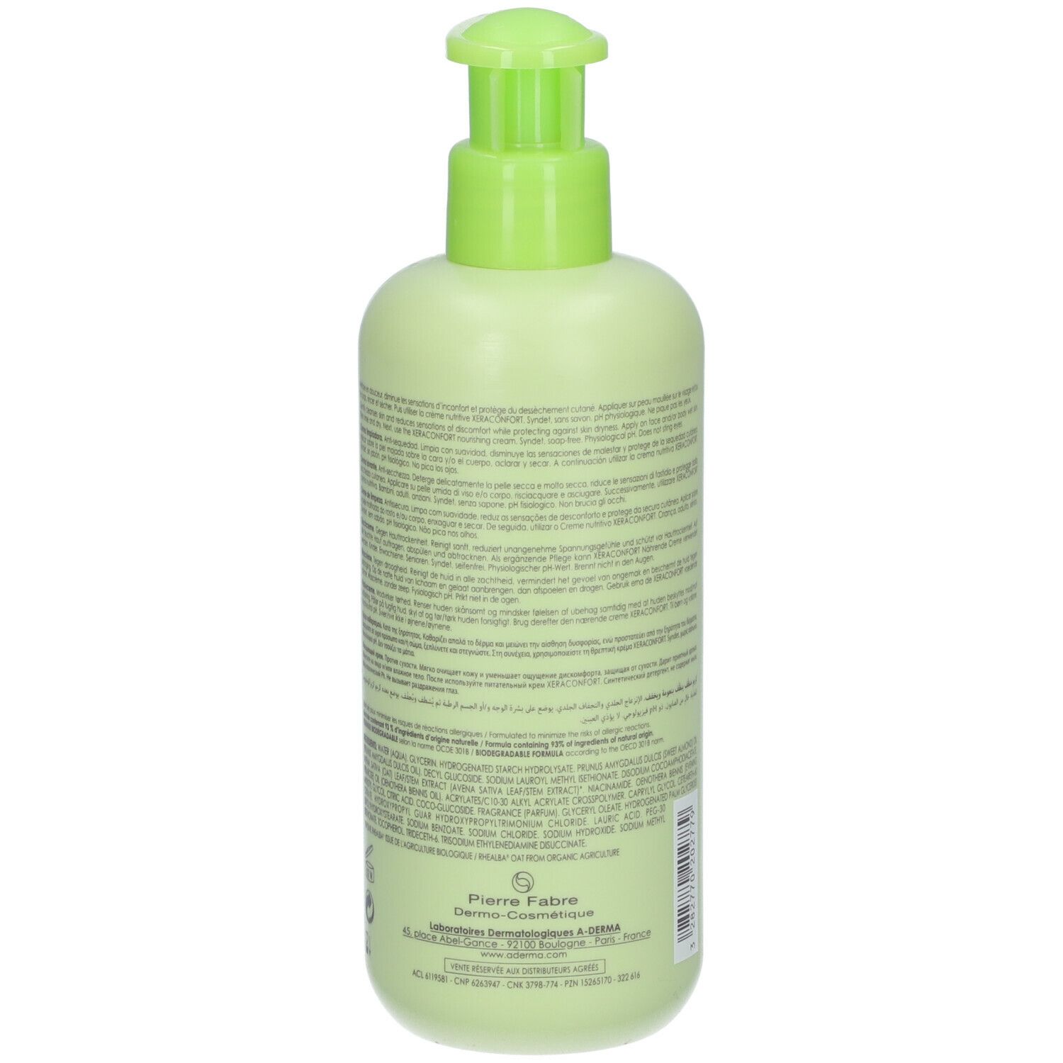 Dos du flacon vert. Texte avec ingrédients et informations. Pierre Fabre Dermo-Cosmétique. A-DERMA XERACONFORT Crème lavante anti-dessèchement.