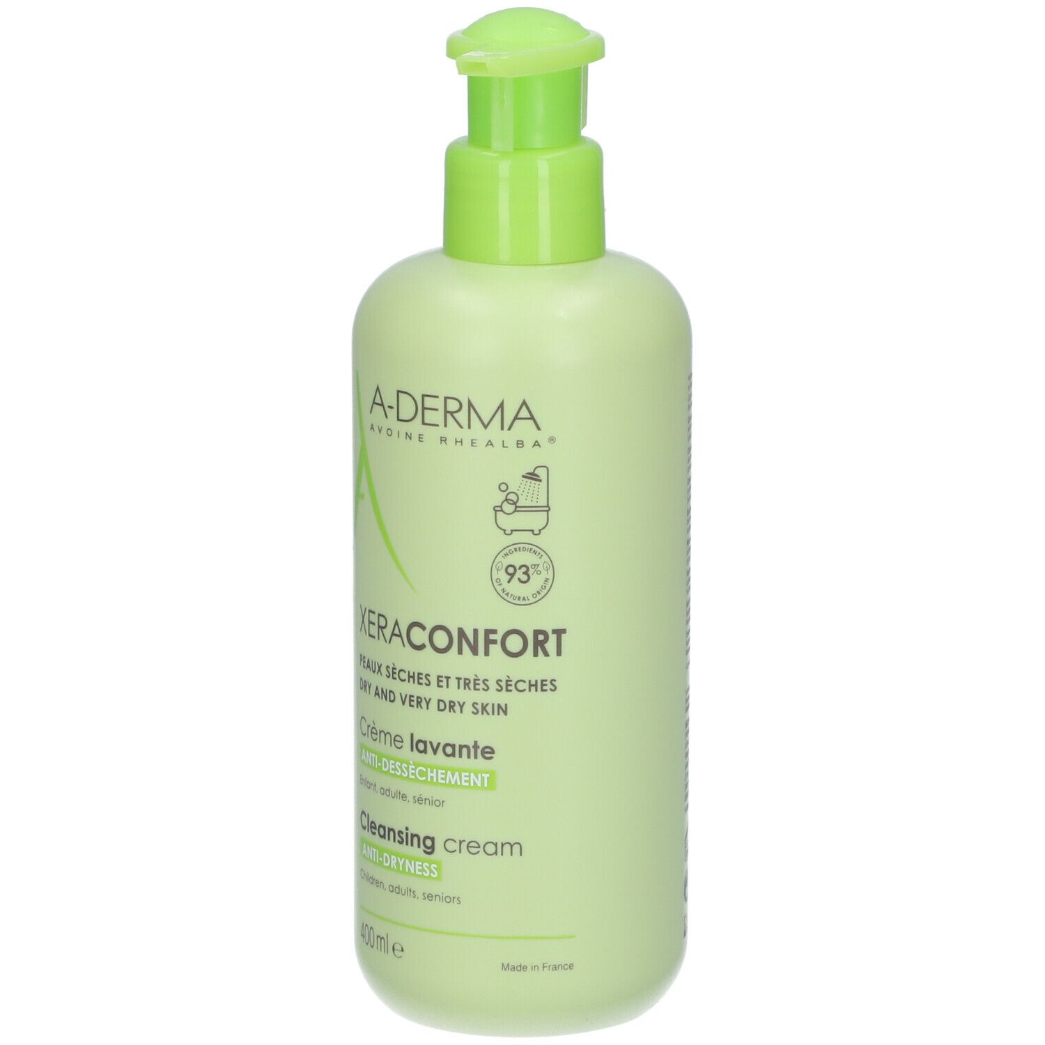 Flacon vert avec pompe. A-DERMA XERACONFORT Crème lavante anti-dessèchement. 400ml. Pour peaux sèches. 93% d'ingrédients naturels.