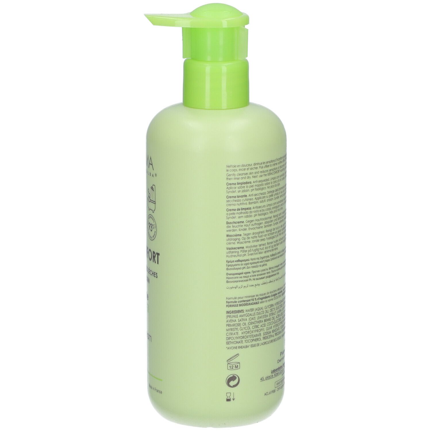 Flacon vert avec pompe. Texte avec ingrédients et informations. A-DERMA XERACONFORT Crème lavante anti-dessèchement. 400ml.