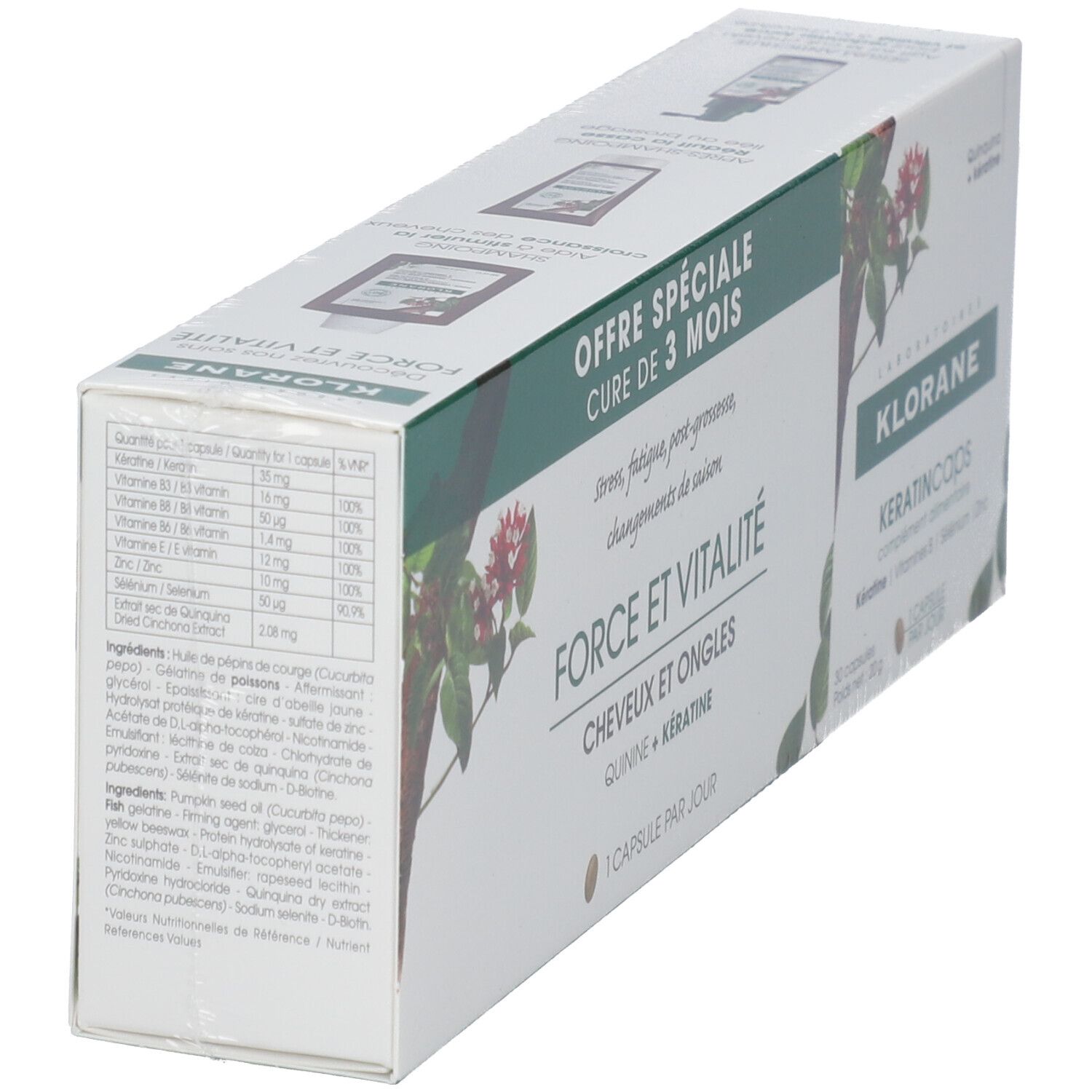 Emballage du produit avec informations. Inscription: KLORANE KeratinCaps, FORCE ET VITALITÉ. Design vert et blanc.