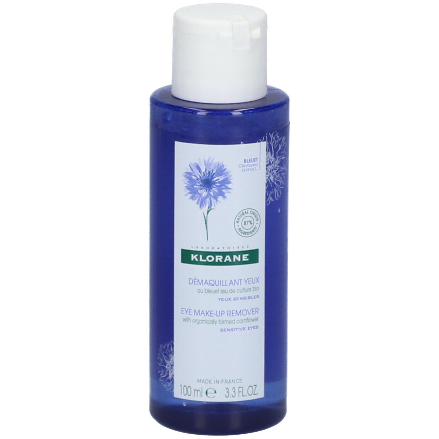 Flacon bleu avec bouchon blanc. Inscription: KLORANE Démaquillant yeux au Bleuet BIO. 100 ml.