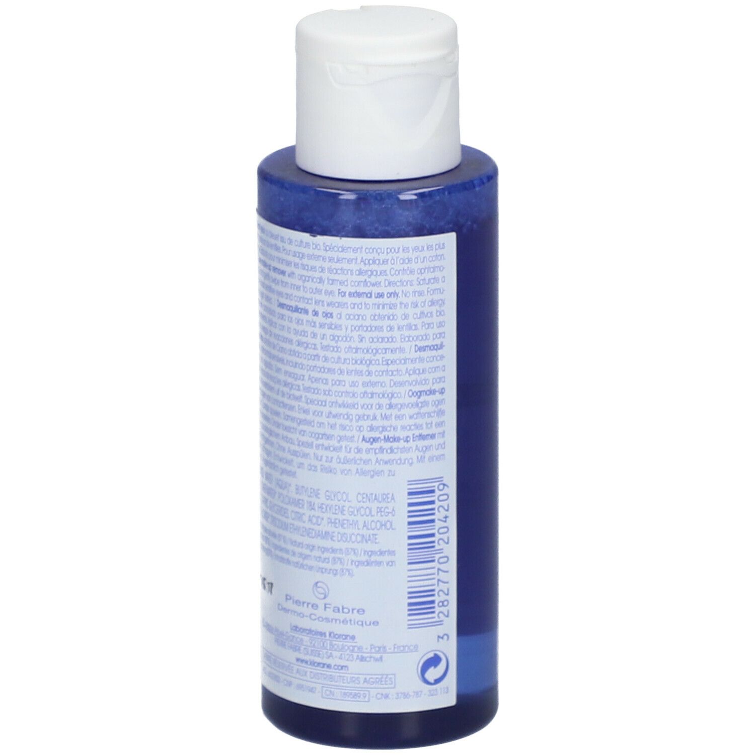Dos du flacon bleu. Texte multilingue. Fabricant: Pierre Fabre Dermo-Cosmétique.