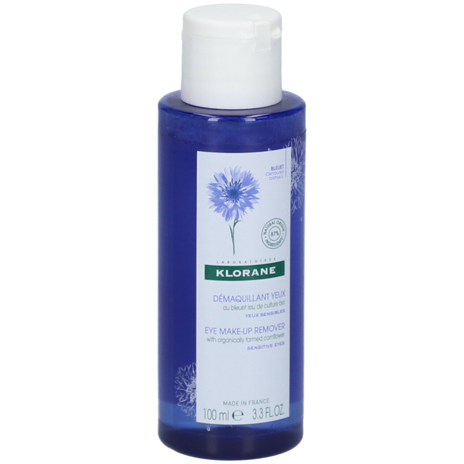 Flacon bleu avec bouchon blanc. Inscription: KLORANE Démaquillant yeux au Bleuet BIO. 100 ml.