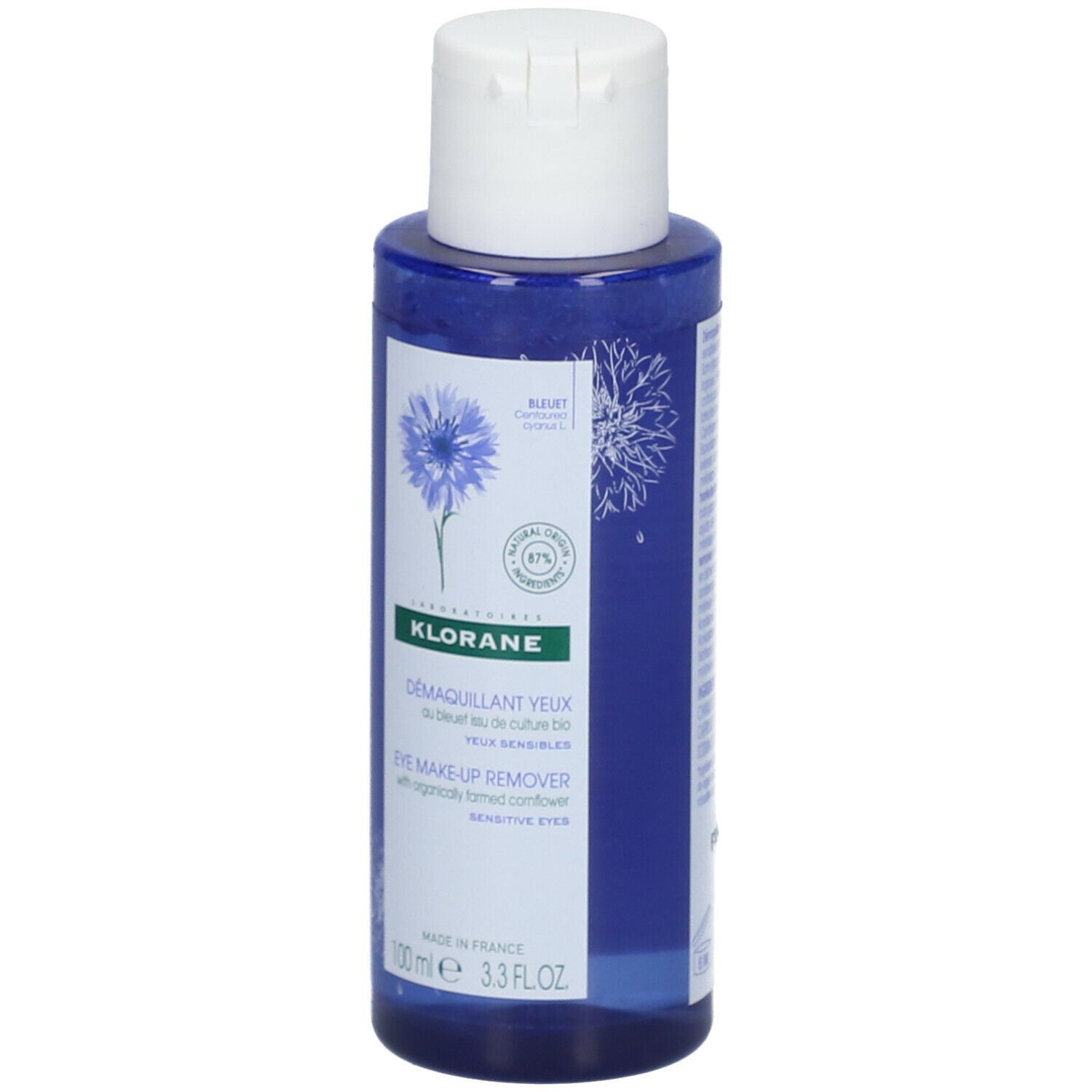 Flacon bleu avec bouchon blanc. Inscription: KLORANE Démaquillant yeux au Bleuet BIO. 100 ml.