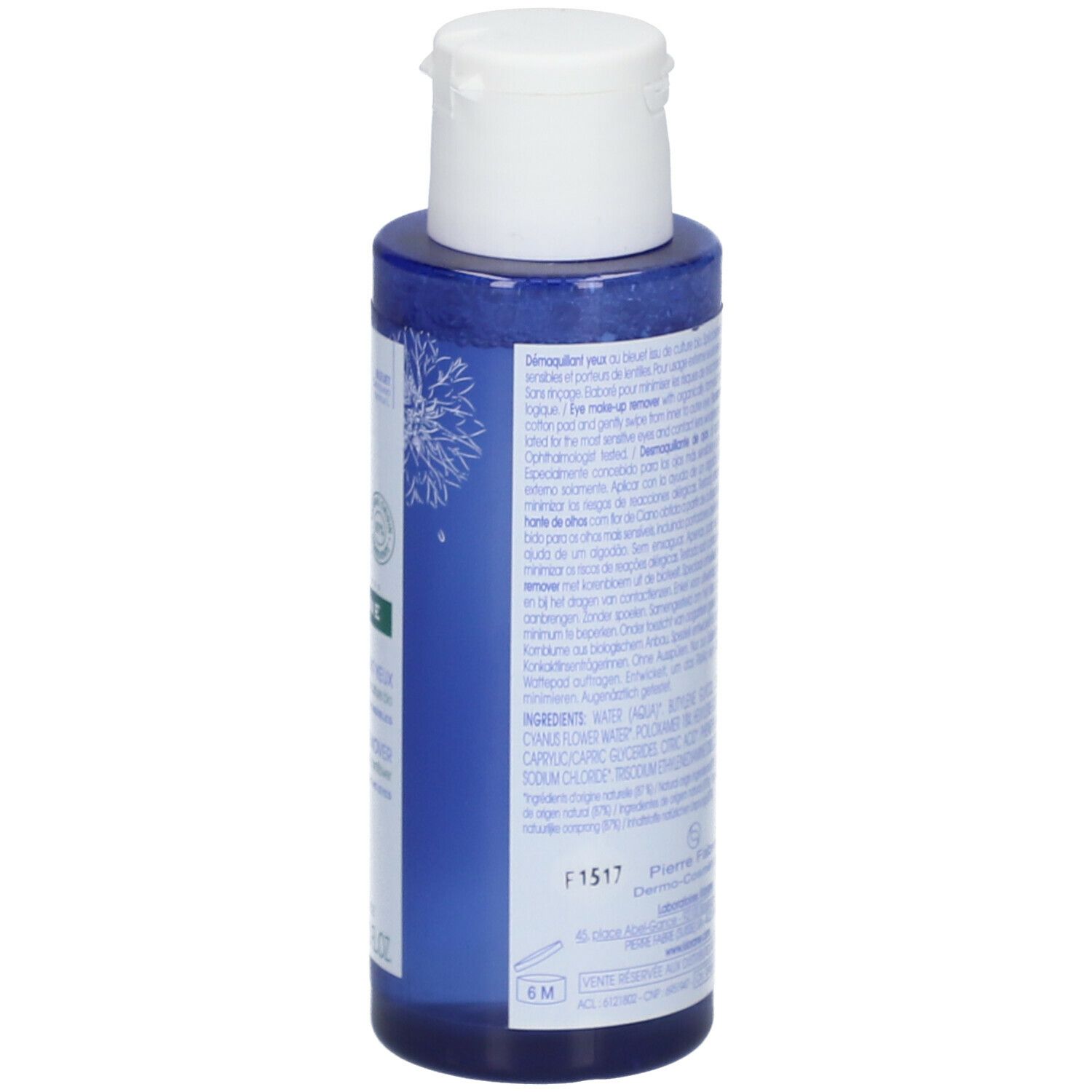 Dos du flacon bleu. Texte multilingue. Fabricant: Pierre Fabre Dermo-Cosmétique.