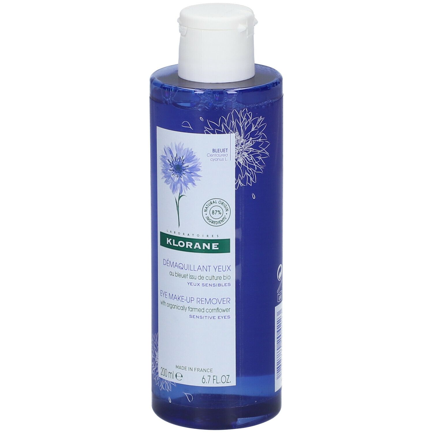Flacon bleu, bouchon blanc. Inscription: KLORANE, démaquillant yeux, bleuet bio. 200ml.