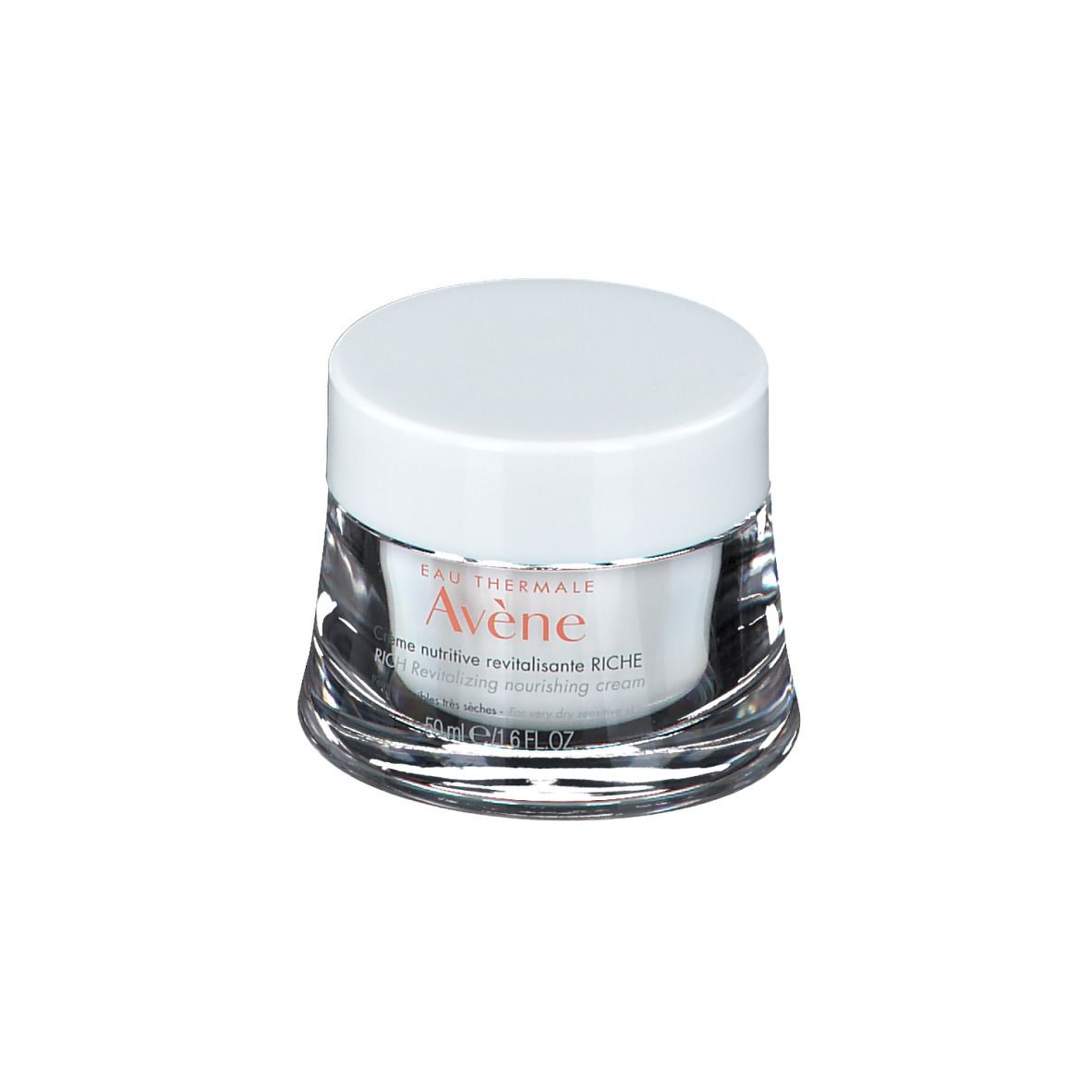 Pot de crème avec couvercle blanc. L'étiquette indique "Eau Thermale Avène".