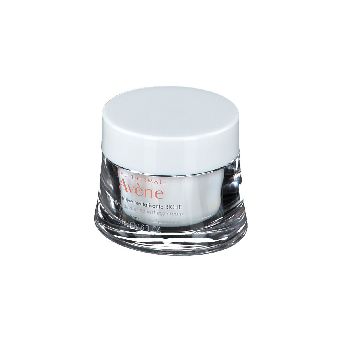 Pot de crème avec couvercle blanc. L'étiquette indique "Eau Thermale Avène".