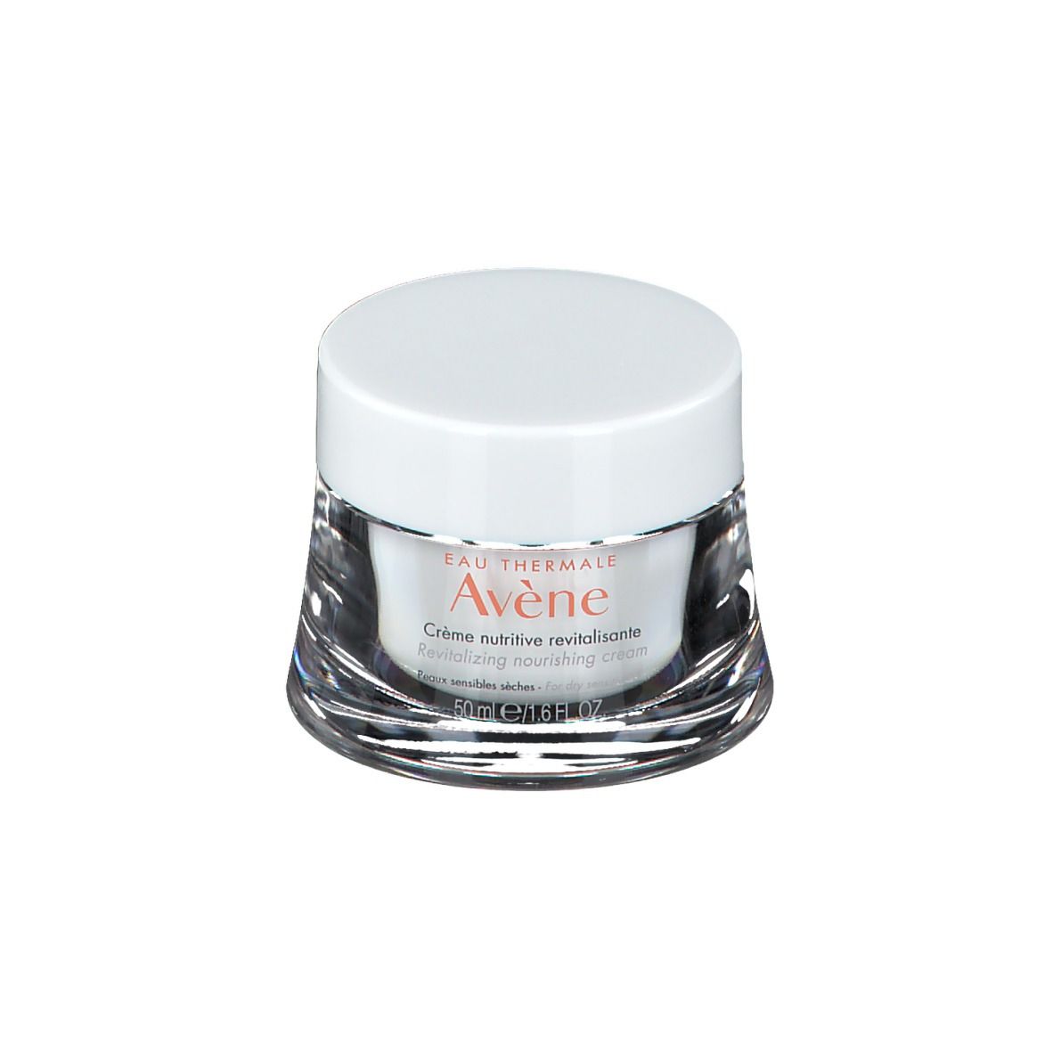 Pot de crème avec couvercle blanc. Inscription: Eau Thermale Avène, Crème nutritive revitalisante. Pour peaux sèches et sensibles.