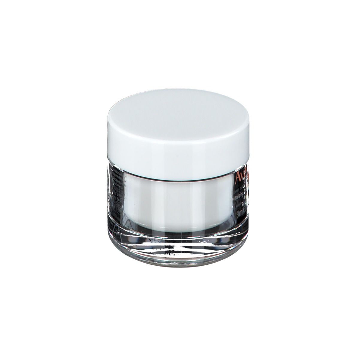Pot de crème avec couvercle blanc. Inscription: Eau Thermale Avène, Crème nutritive revitalisante. Pour peaux sèches et sensibles.