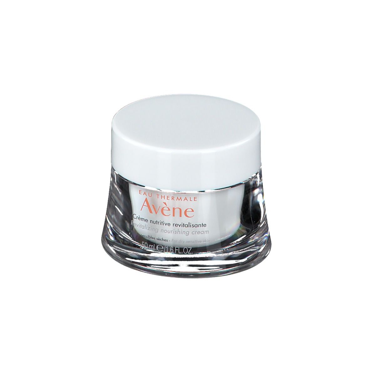 Pot de crème avec couvercle blanc. Inscription: Eau Thermale Avène, Crème nutritive revitalisante. Pour peaux sèches et sensibles.