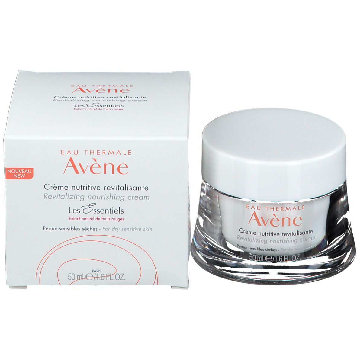 Pot de crème avec couvercle blanc et une boîte blanche à côté. Inscription: Eau Thermale Avène, Crème nutritive revitalisante.