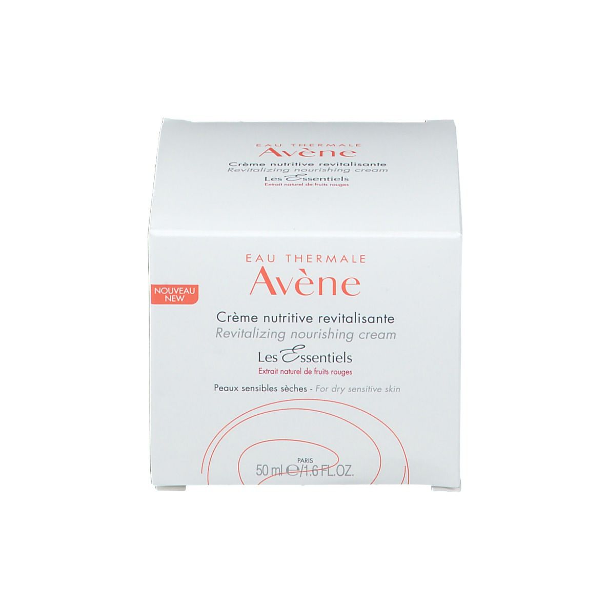 Boîte blanche avec inscription: Eau Thermale Avène, Crème nutritive revitalisante. Pour peaux sèches et sensibles. Nouveau.