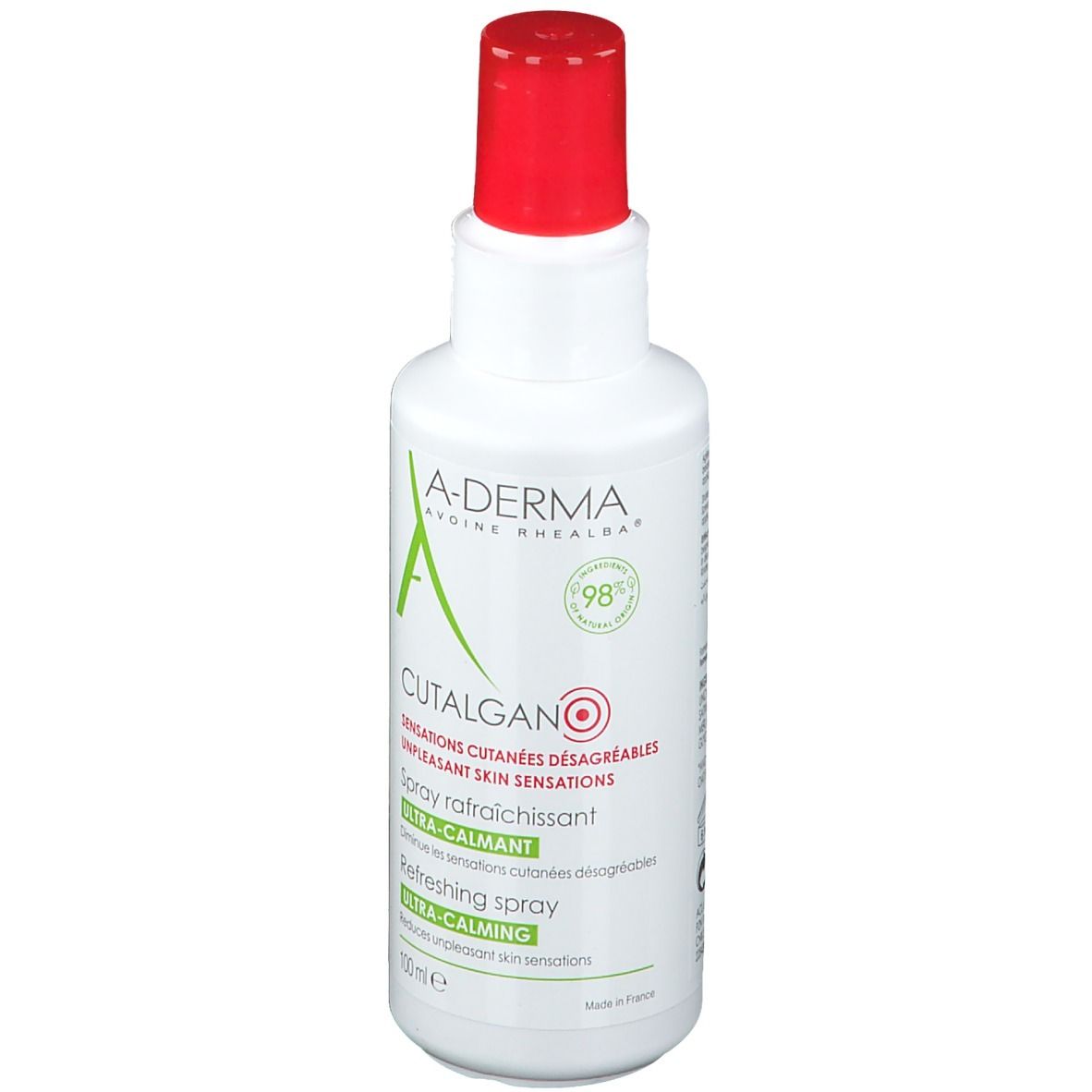 Flacon blanc avec bouchon rouge. A-DERMA CUTALGAN ULTRA-CALMING Spray rafraîchissant. Texte et logo.