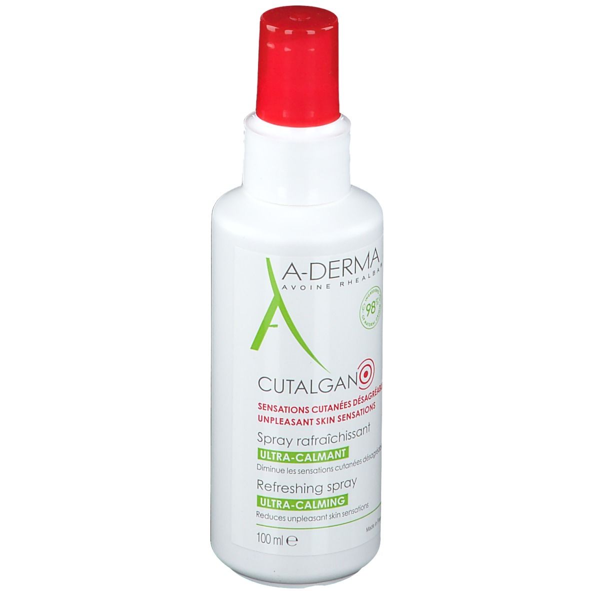 Flacon blanc avec bouchon rouge. A-DERMA CUTALGAN ULTRA-CALMING Spray rafraîchissant. Texte et logo.