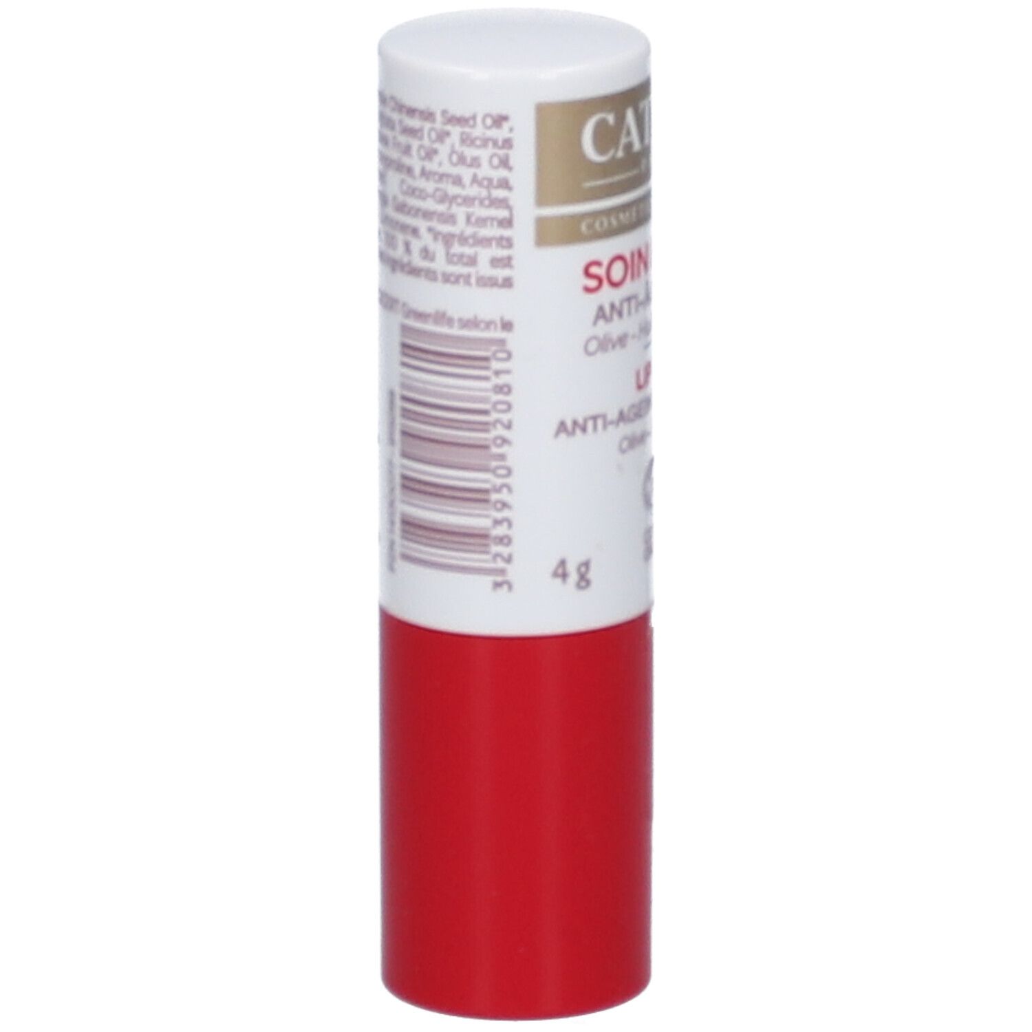 Stick à lèvres rouge et blanc. Dos avec texte et code-barres. 4g.