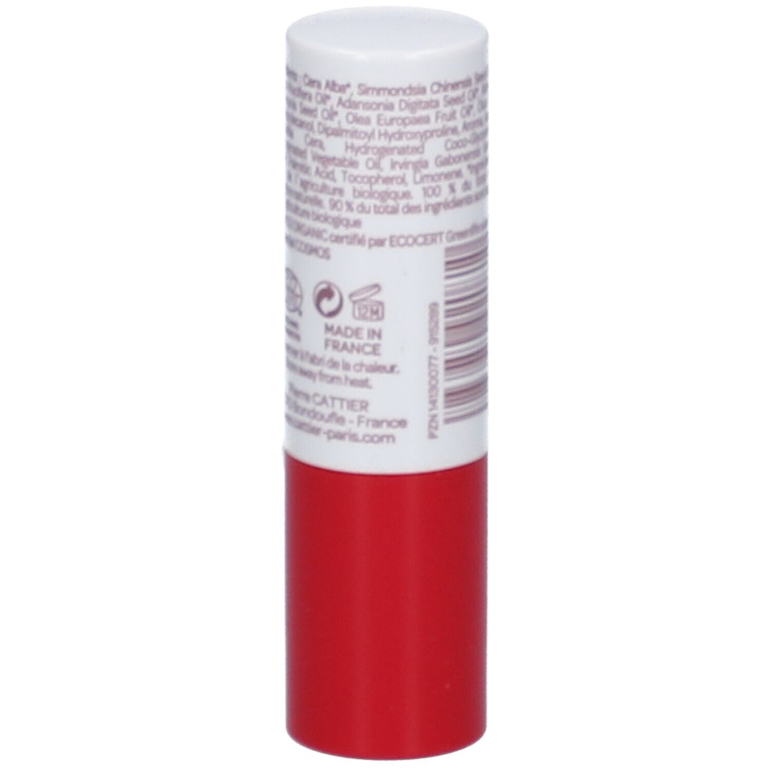 Stick à lèvres rouge et blanc. Dos avec texte, code-barres et logo. Fabriqué en France.