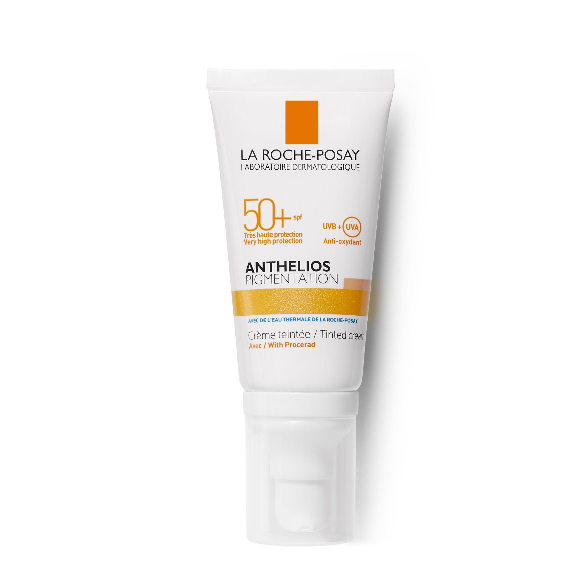 Tube blanche de crème solaire teintée SPF 50+. Texte: ANTHELIOS PIGMENTATION. Bande colorée.